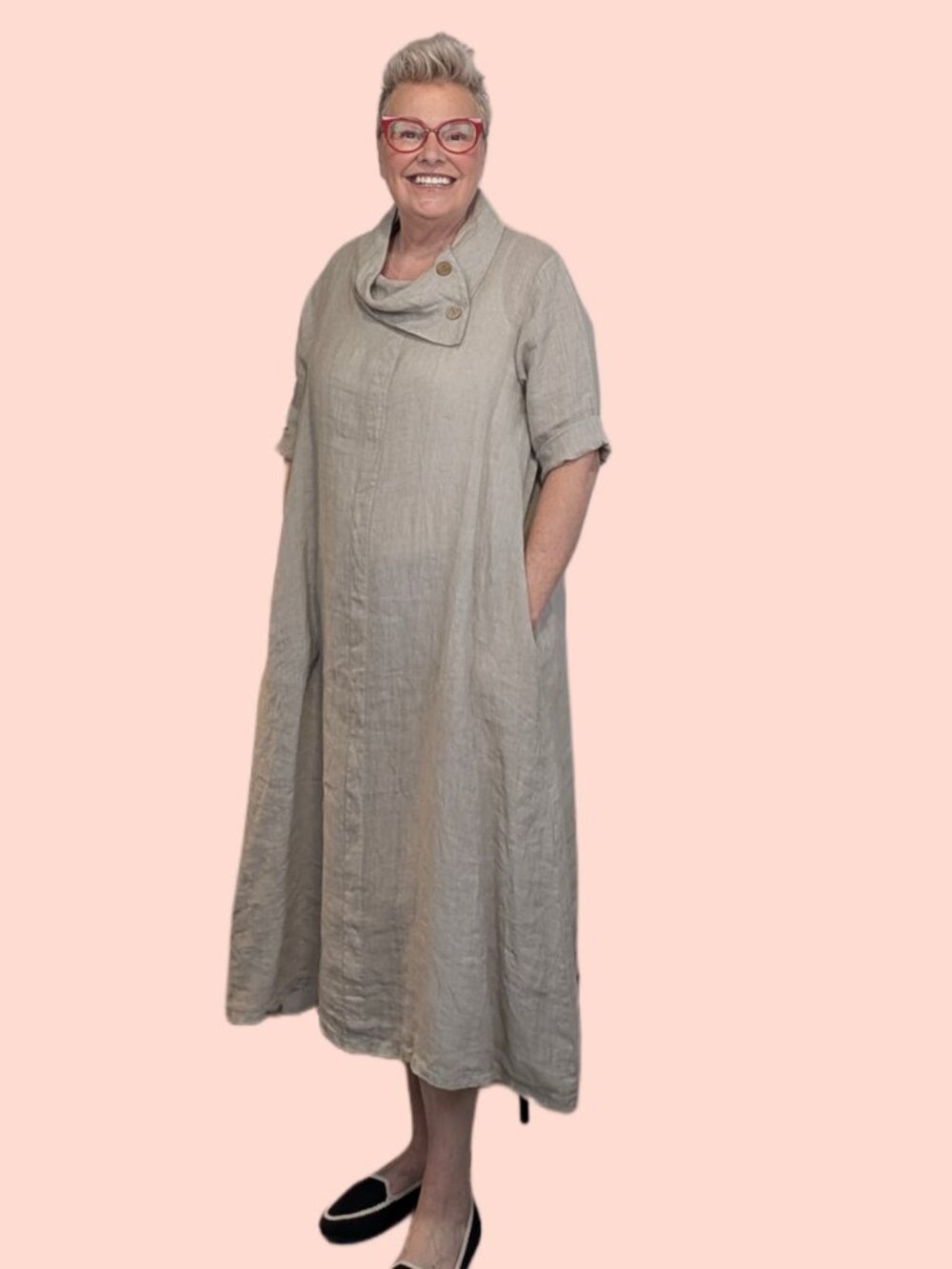 Made in Italy 100% Linen Cowl Neck Maxi Dress Natural Beige